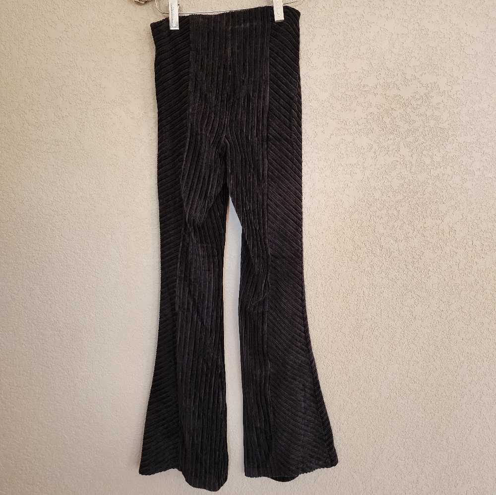 Free People Black Ribbed Slim Velvet Pull-On Flared Pants - Picture 3 of 8